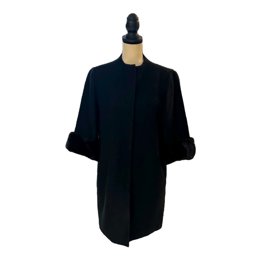 Elie Tahari 3/4 Sleeve Mink Cuff Black Wool Coat